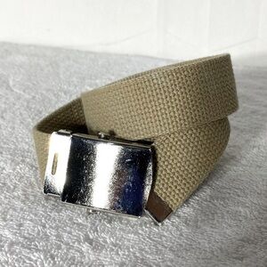Unisex Tan Woven Canvas Belt With Silver Tone Buckle
